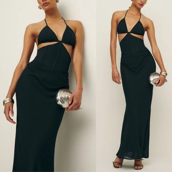 Reformation Dresses & Skirts - Reformation‎ Romona Black Maxi Dress Size 4 NWT Cut Out Halter Smocked Open Back